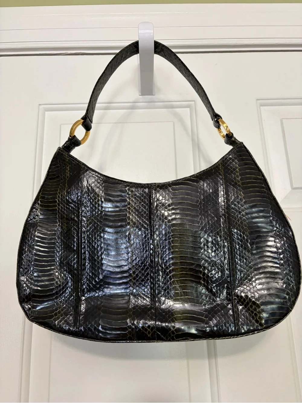 Vintage J Renee 1980s Malachite Undertone top handle Snakeskin hobo shape bag
